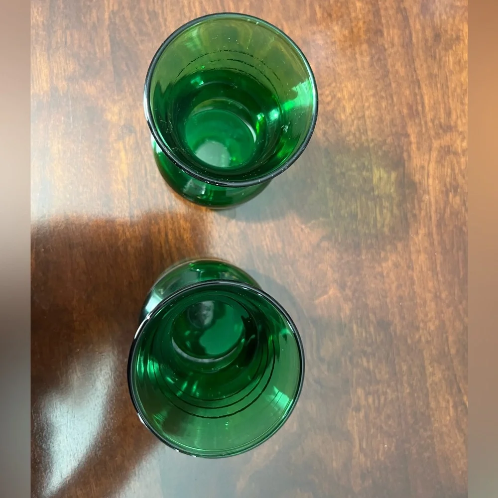 Set of 2 1950s flared bud vase green glass by Anchor Hocking with metallic gold